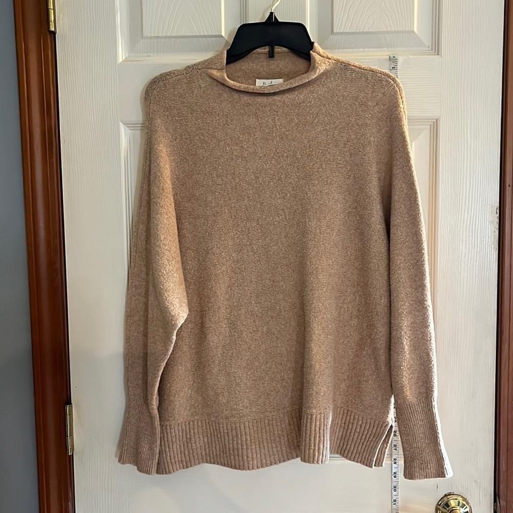 Kaisley-L-tan-high neck, long sleeve ribbed detail, pull over sweater